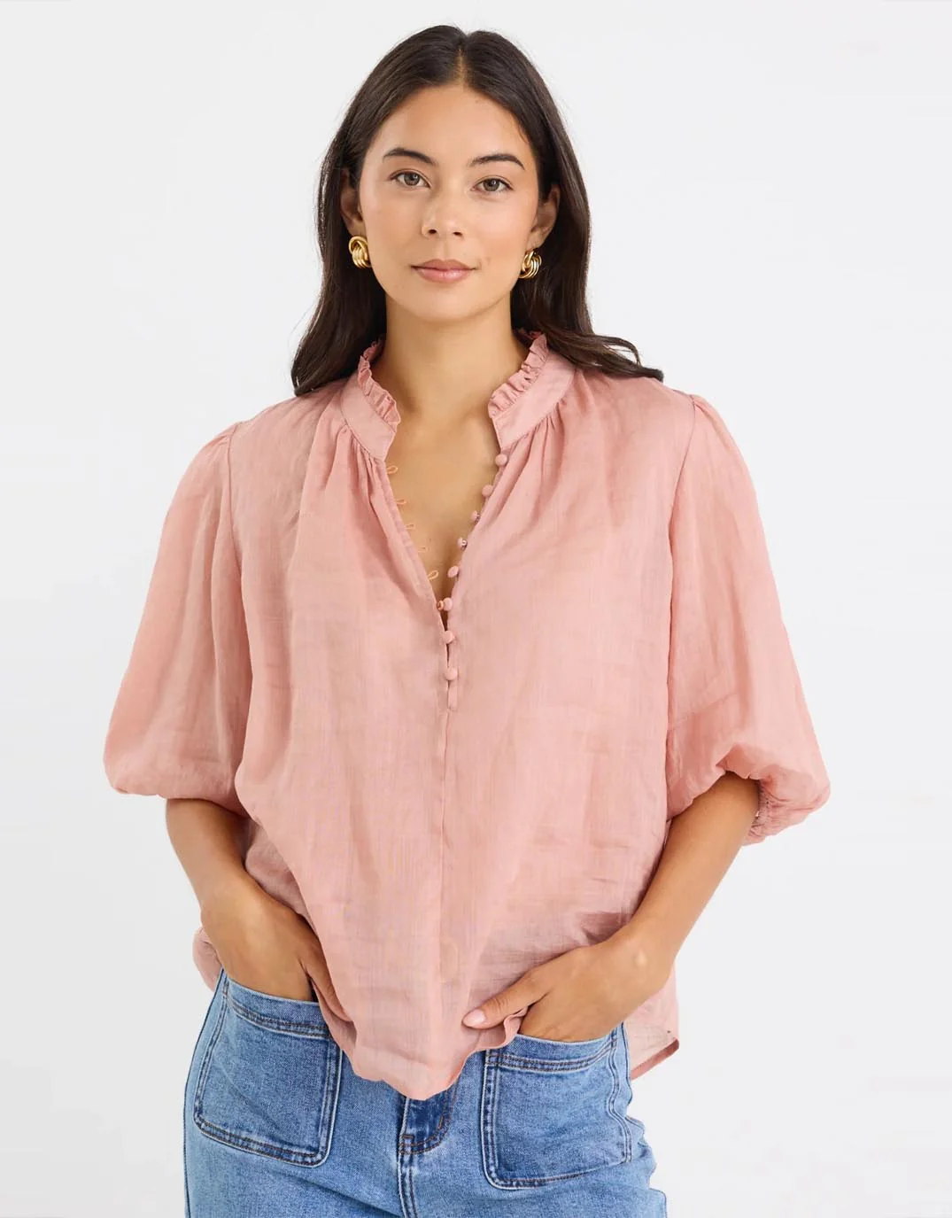 Closure High Neck Buttoned Top - Blush